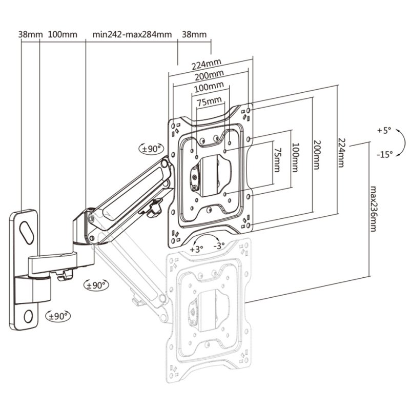 DIGITUS Universele monitorarm voor wandmontage, zwart