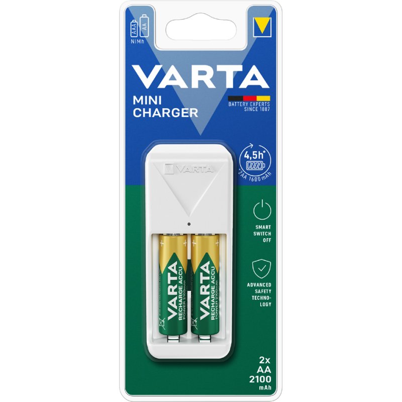 VARTA Mini Charger batterijlader wit inclusief 2x AA batterijen