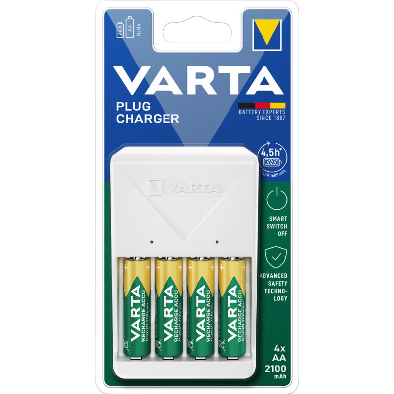 VARTA Oplader Plug Charger wit inclusief 4x AA batterijen 2100 mAh