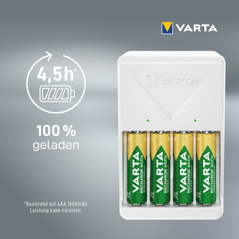 VARTA Oplader Plug Charger wit inclusief 4x AA batterijen 2100 mAh