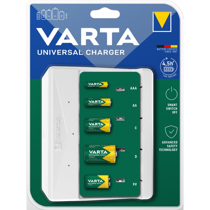 VARTA universele batterijlader wit, voor AA AAA C D 9V NiMH accu's