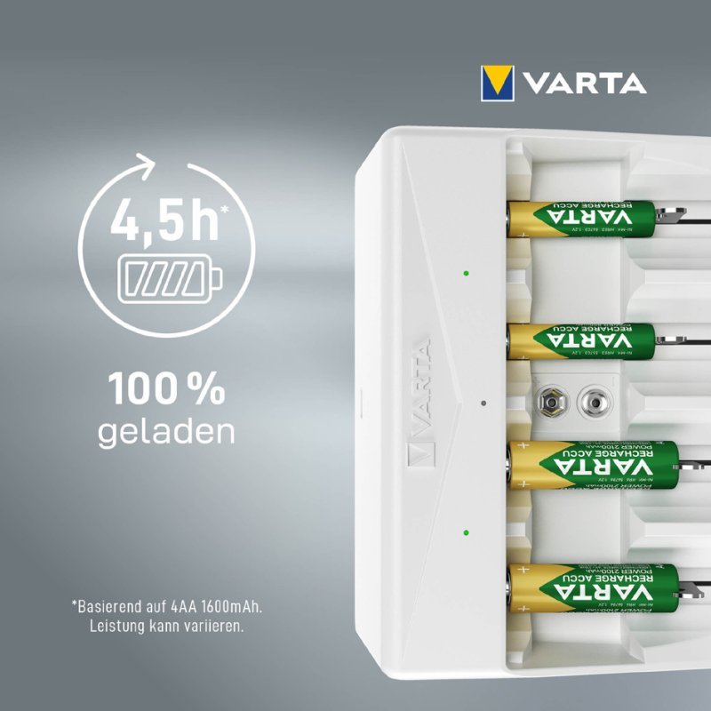 VARTA universele batterijlader wit, voor AA AAA C D 9V NiMH accu's