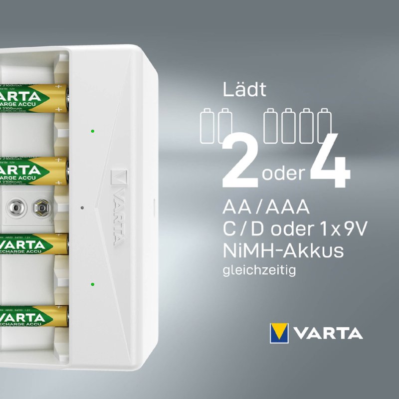 VARTA universele batterijlader wit, voor AA AAA C D 9V NiMH accu's