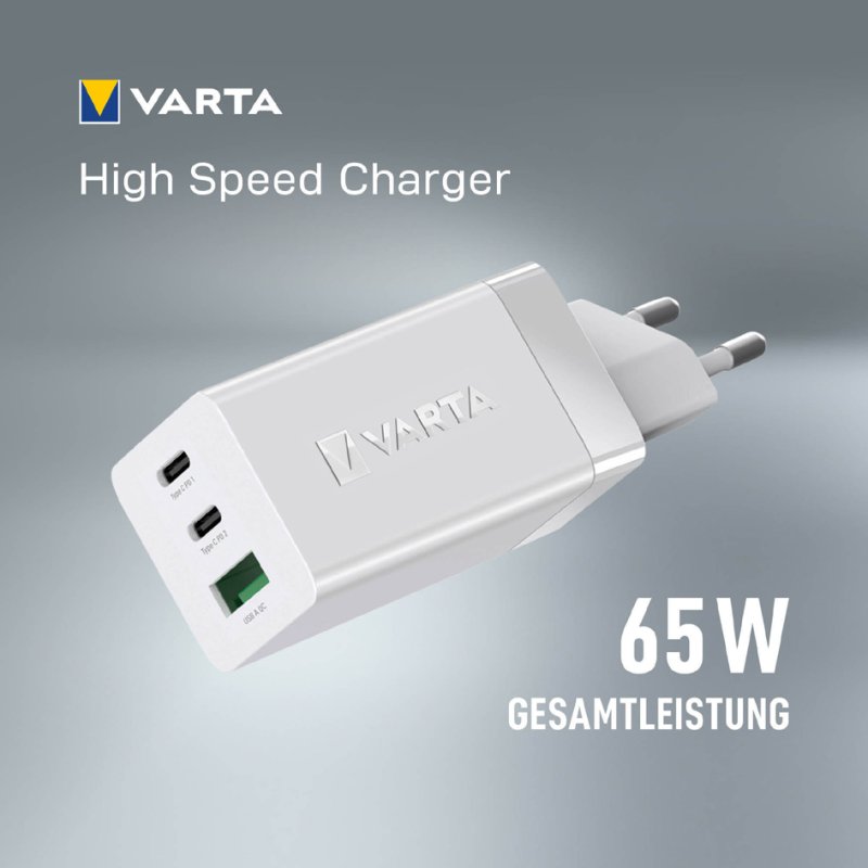 VARTA USB-snellader 65W wit met 2x USB-C en 1x USB-A aansluitingen
