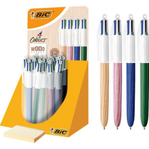 Bic balpennen 4 kleuren houten design, navulverpakking