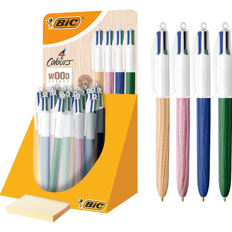 Bic balpennen 4 kleuren houten design, navulverpakking