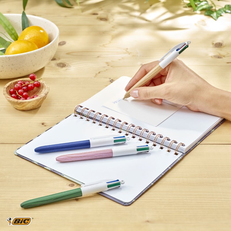 Bic balpennen 4 kleuren houten design, navulverpakking