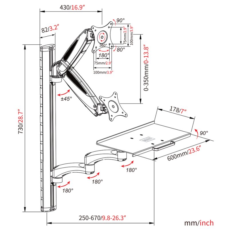 DIGITUS Monitorarm met muis- en toetsenbordplateau, wit