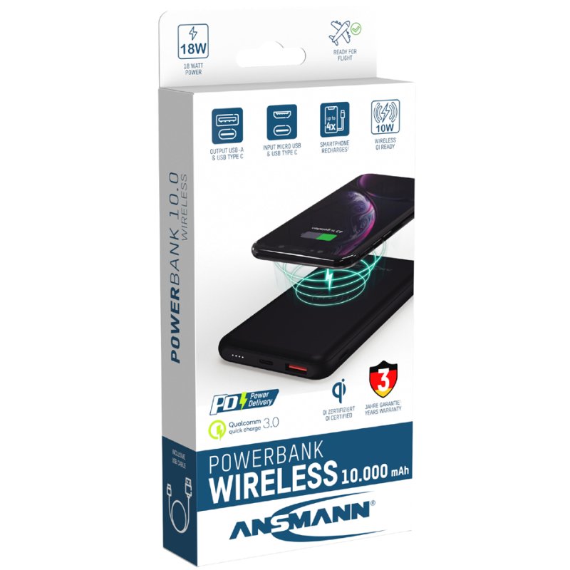 Ansmann Draagbare Powerbank, draadloos, 10.000 mAh.