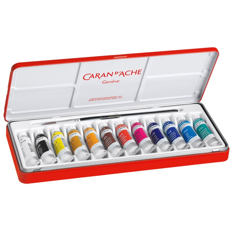 Caran d'Ache Gouache Studio set 12 tubes met penseel in metalen etui