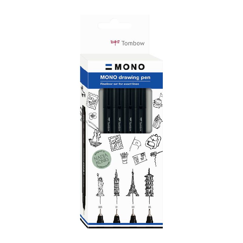 Tombow fineliner set zwart 4 stuks verschillende puntdiktes