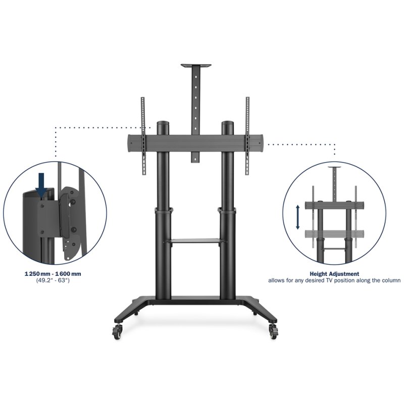 DIGITUS TV presentatiewagen, zwart, draagvermogen 140 kg, hoogte 125-160 cm
