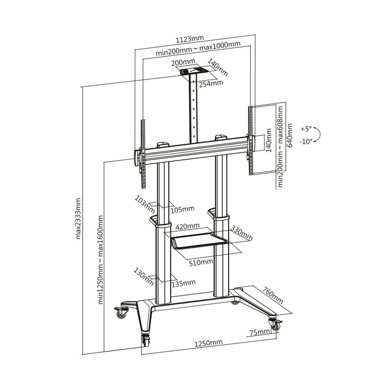DIGITUS TV presentatiewagen, zwart, draagvermogen 140 kg, hoogte 125-160 cm