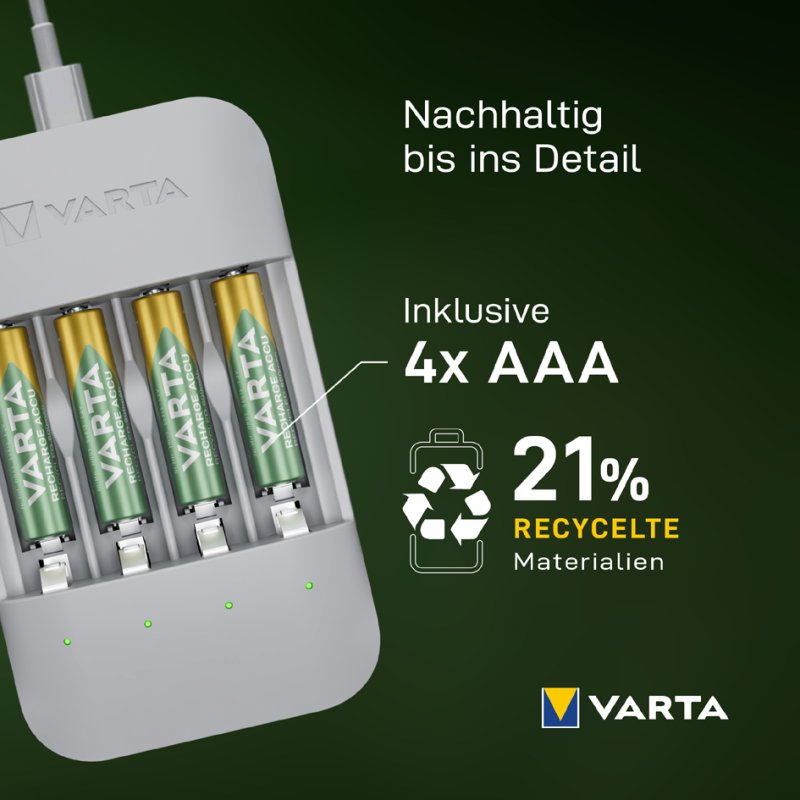 VARTA Eco Charger Pro Recycled batterijlader met 4x AAA oplaadbare batterijen