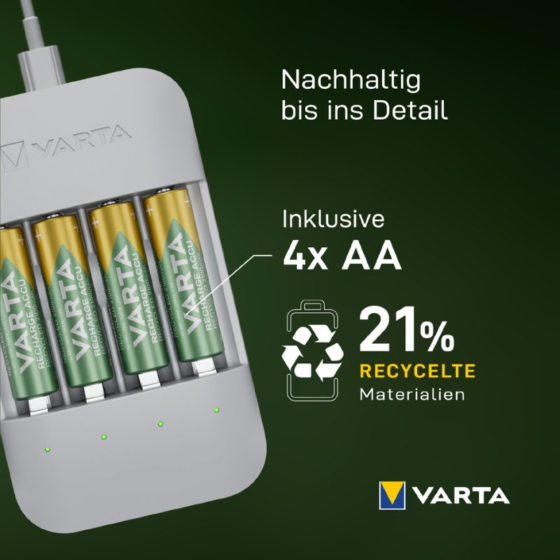 VARTA Eco Charger Pro Recycled batterijlader met 4 AA oplaadbare batterijen
