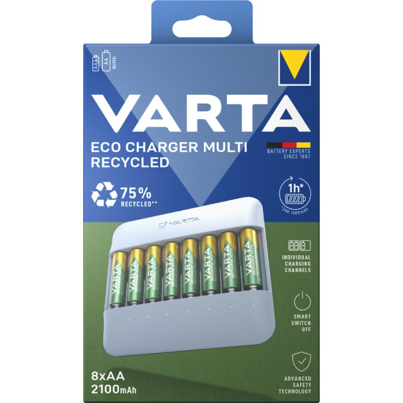 VARTA ECO Charger Multi batterijlader met 8x AA batterijen