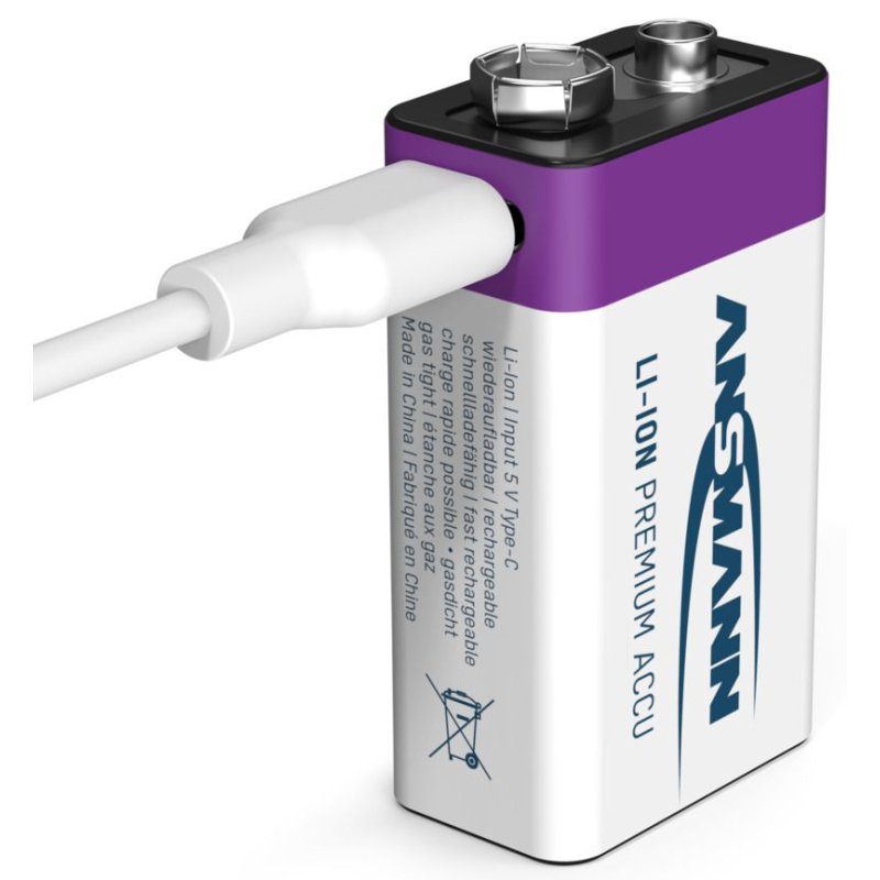 ANSMANN Li-Ion 9V blokbatterij met USB-C aansluiting