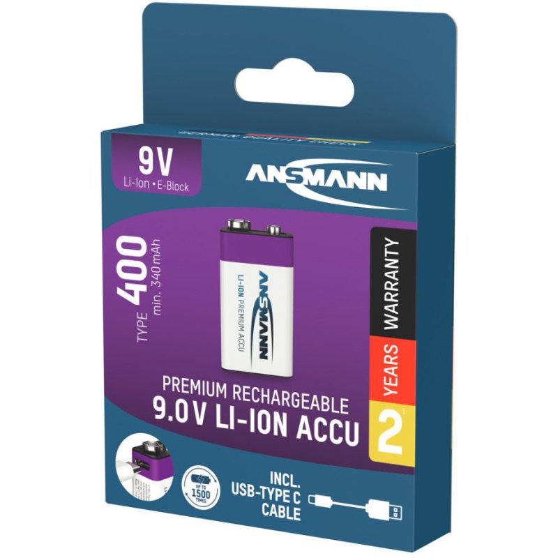 ANSMANN Li-Ion 9V blokbatterij met USB-C aansluiting