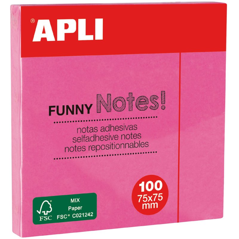 APLI zelfklevende notitieblokjes 75 x 75 mm, neonroze
