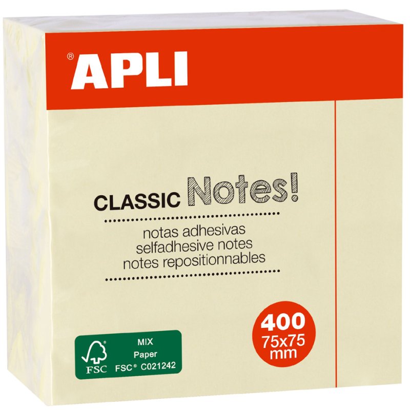 APLI zelfklevende notitieblokjes geel 75 x 75 mm