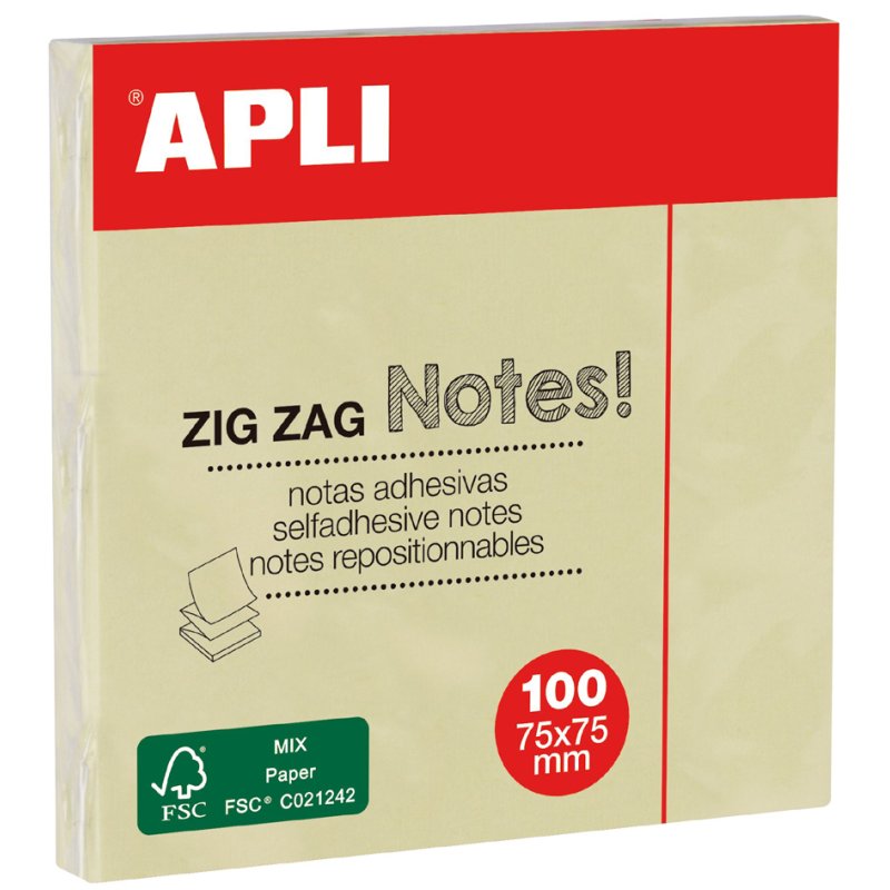 APLI plakbriefjes zig zag, 75 x 75 mm, geel