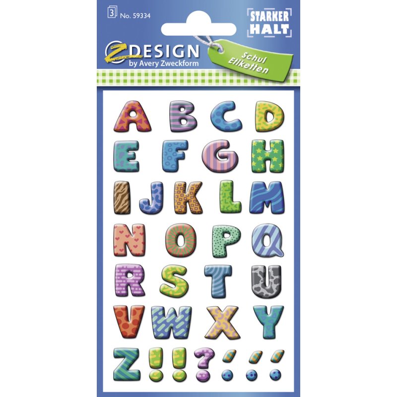 Kleurrijke letter-etiketten voor school: A-Z