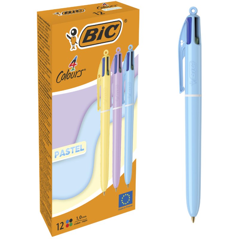 BIC Drukbalpen 4 Colours PASTEL, 12 stuks kartonnen doos