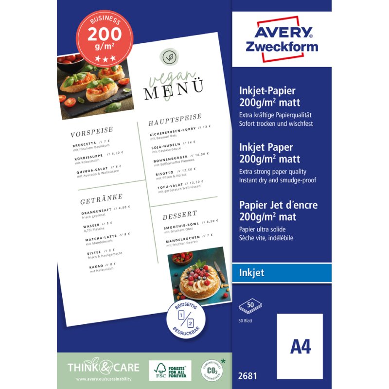 AVERY Zweckform inkjetpapier A4 200g/m² mat dubbelzijdig