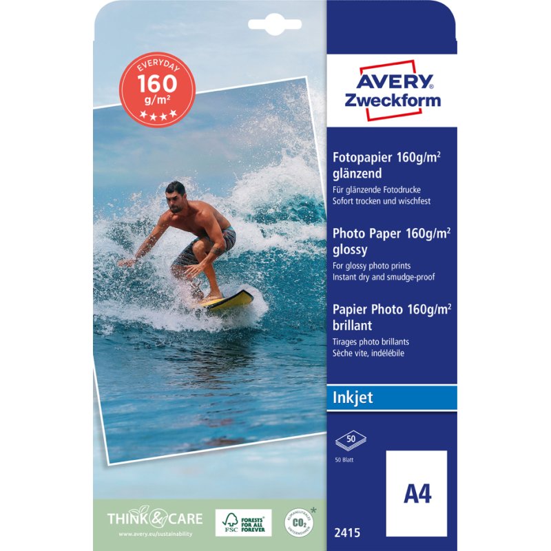 AVERY Zweckform inkjet fotopapier A4 180g/m² wit glanzend 100 vel