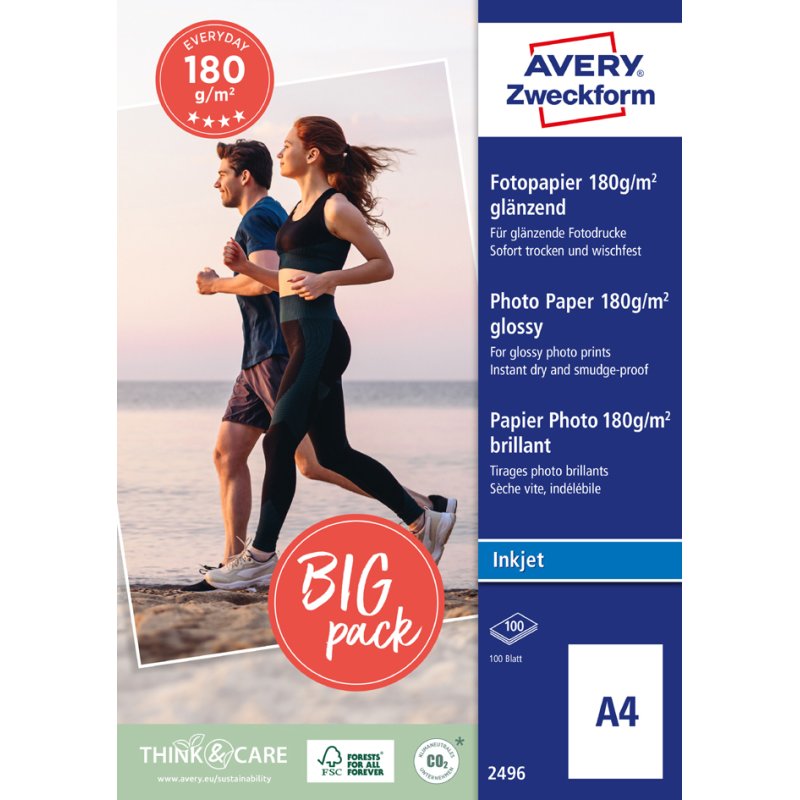 AVERY Zweckform inkjet fotopapier A4 180g/m² wit glanzend 100 vel