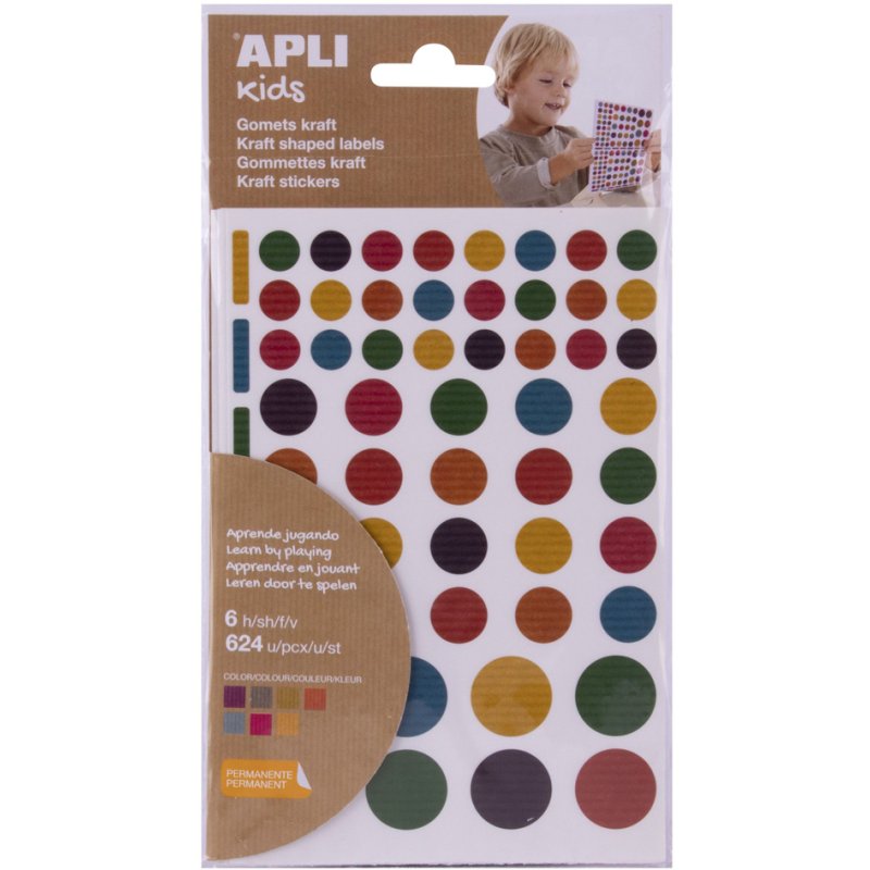 APLI Kids stickers rond, gekleurd papier, permanent, 6 vellen, 624 stuks