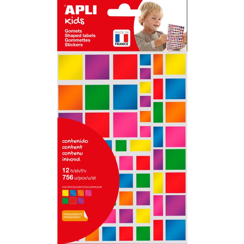 APLI Kids vierkante stickers metallic kleuren, 756 stuks, 6 vellen