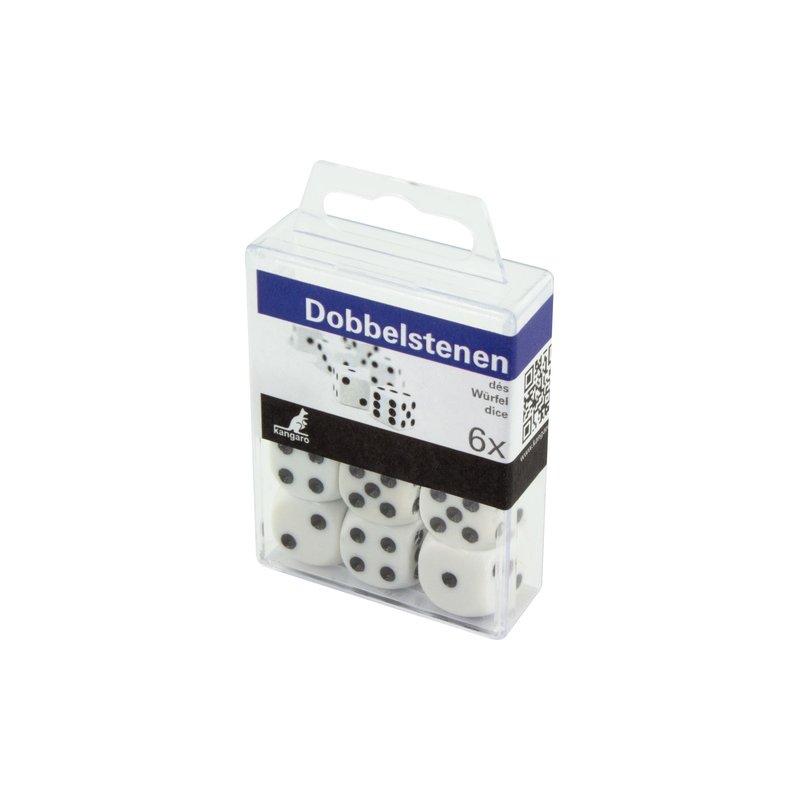 Kangaro dobbelstenen set, 6 stuks in kunststof doosje, ivoor wit