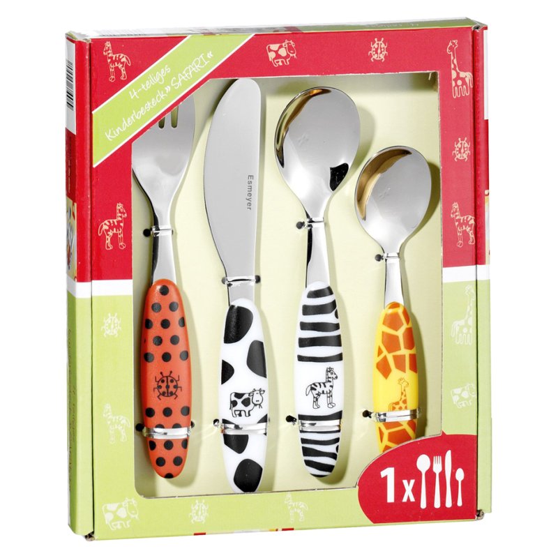 Esmeyer 4-delig kinderbestek Safari, RVS 18/0 met kleurrijke dierenmotieven