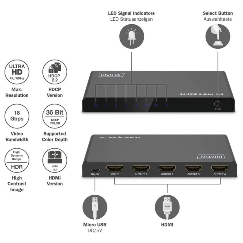 DIGITUS 4K HDMI splitter 1x4, 60Hz HDCP 2.2, zwart