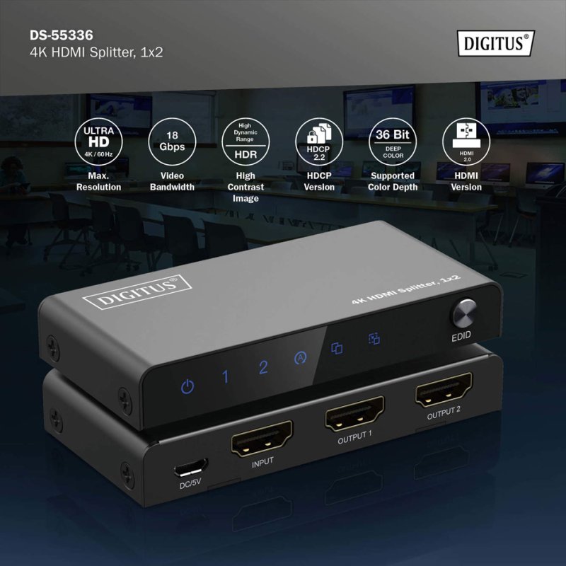 DIGITUS 4K HDMI splitter 1x2, 4K/60Hz, zwart