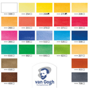 Van Gogh aquarelset in houten kist, 24 halve napjes met penselen