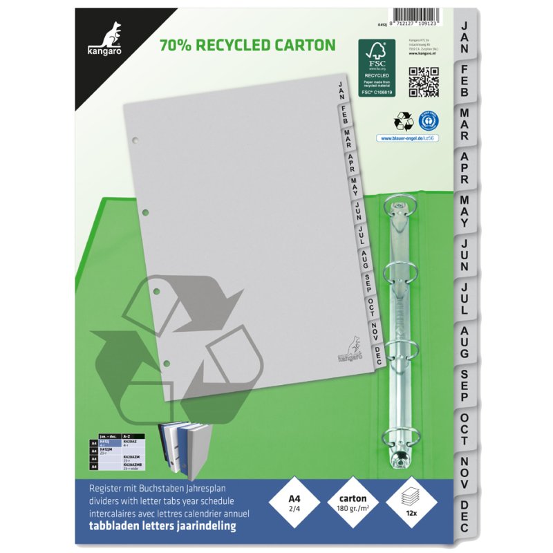 Kangaro Kartonnen Tabbladen ECO, Maanden, A4, 12-delig