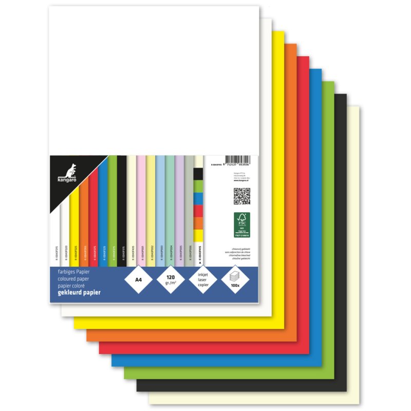 Kangaro multifunctioneel papier, A4, 120 g/m², diverse kleuren
