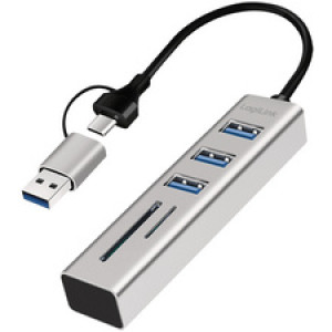 LogiLink USB 3.0 Hub met Kaartlezer, 3-poorts, zilver