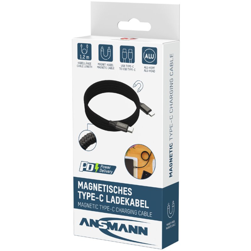 ANSMANN magnetische data- & laadkabel, USB-C naar USB-C, zwart, 1,2 m