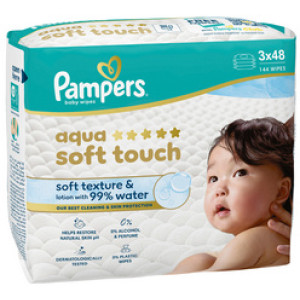 Pampers babydoekjes aqua soft touch, 99% water, 3x 48 stuks