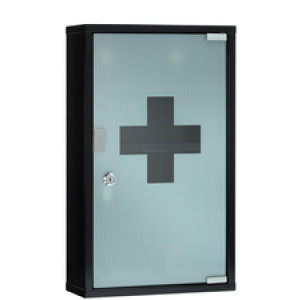 FIRST AID ONLY EHBO-kast met glazen deur, zwart gelakt metaal, afsluitbaar, 300x120x500 mm