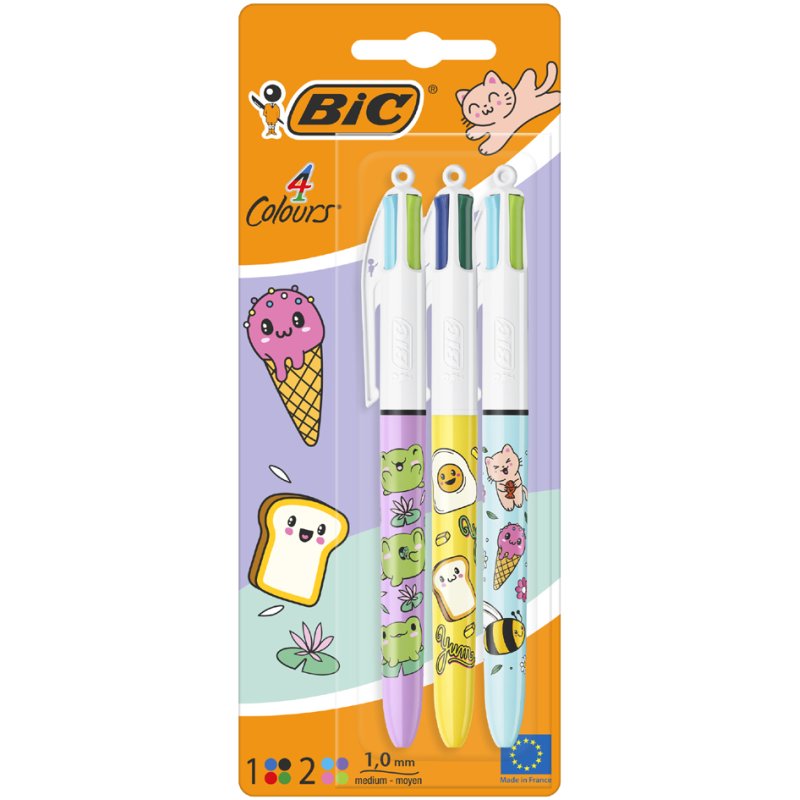 BIC 4 Colours Kawaii balpennen, 0,32 mm, Kawaii-motieven, 3 stuks