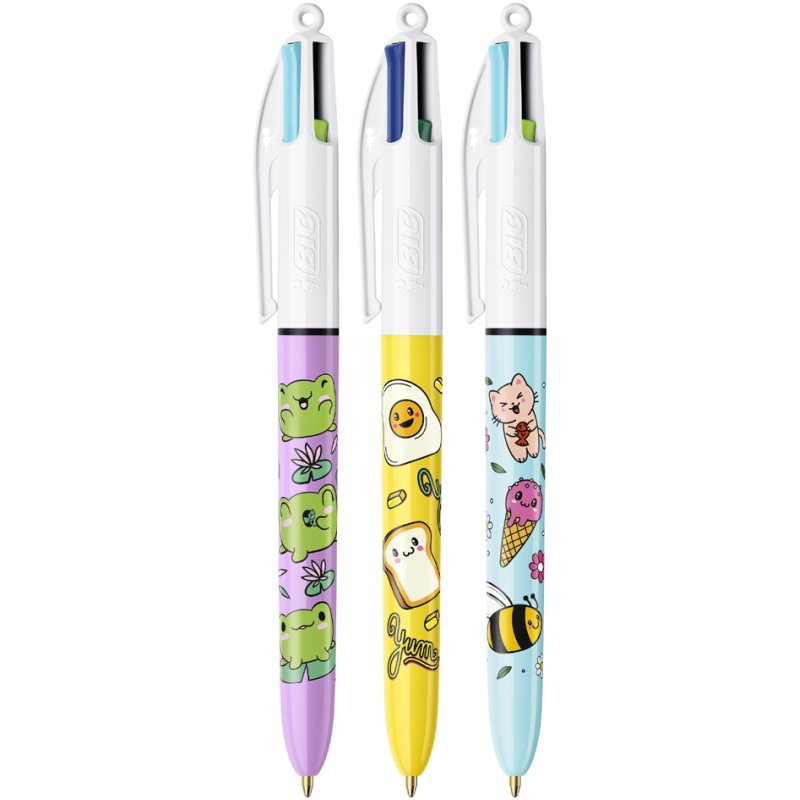 BIC 4 Colours Kawaii balpennen, 0,32 mm, Kawaii-motieven, 3 stuks